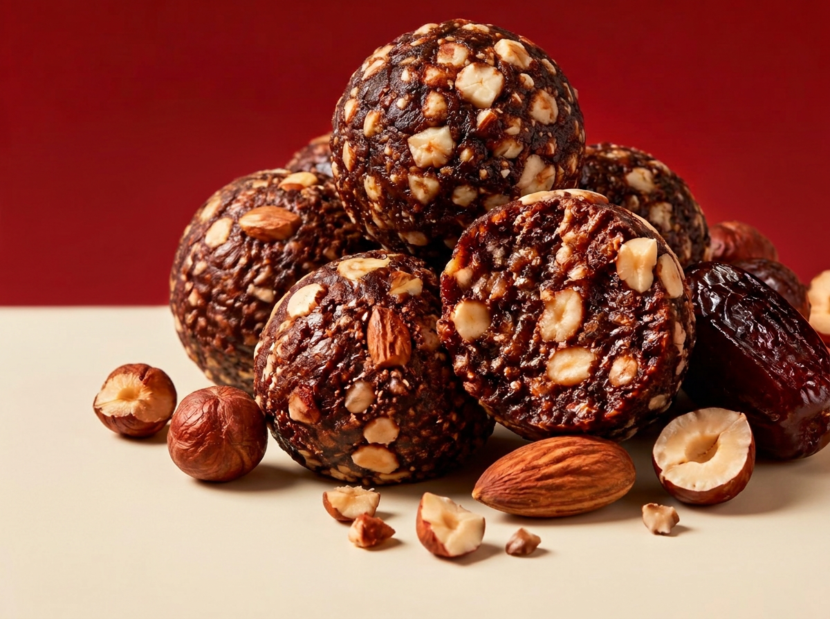 Chocolate date and nut laddoos with almonds and hazelnuts